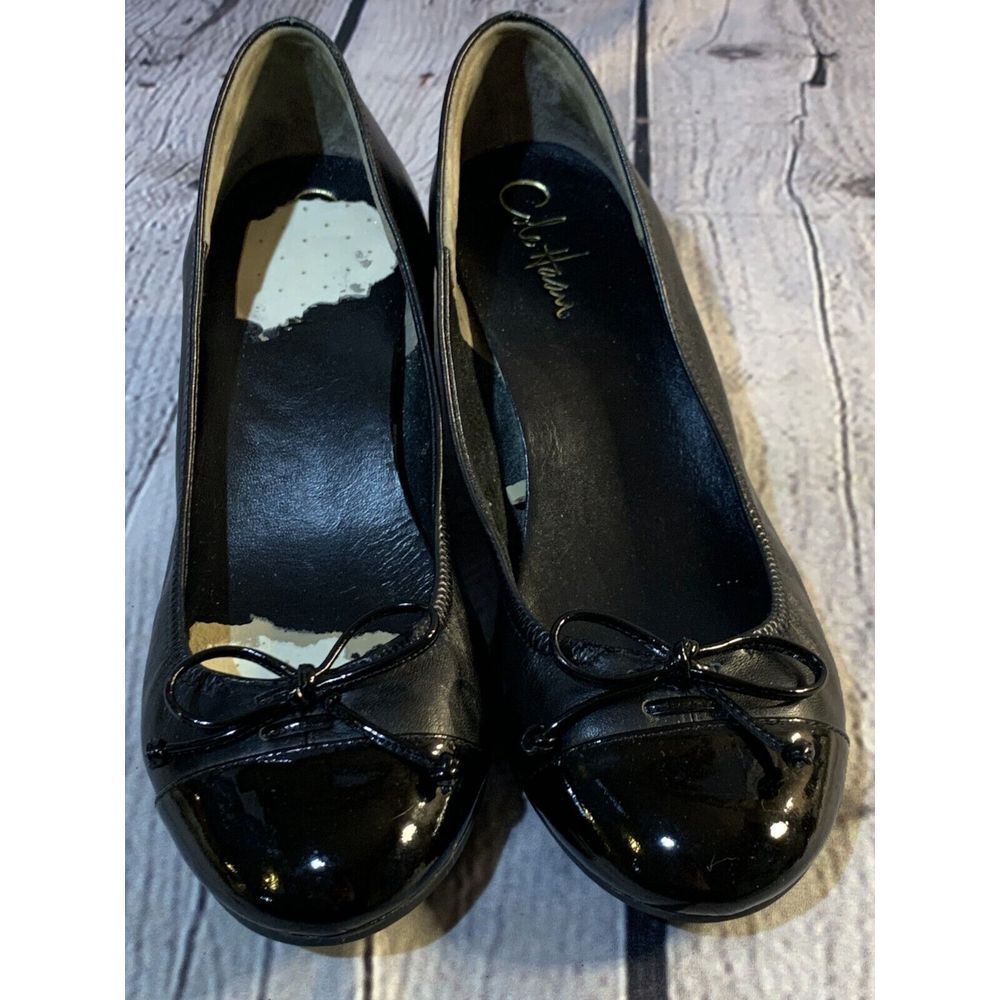 Cole Haan Air Wedge Pump Women's Black Leather Patent Toe with‎ Bow Detail